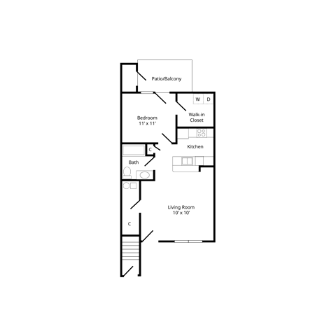 Floor plan for 1 bed, 1 bath, 717 sqft
